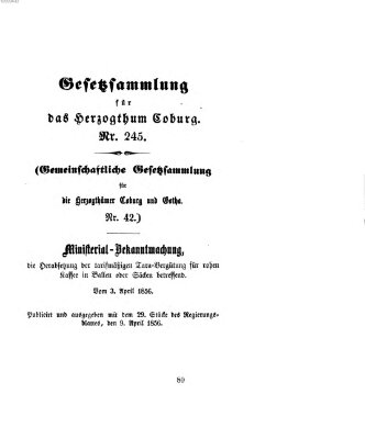 Gesetz-Sammlung für das Herzogtum Coburg (Coburger Regierungs-Blatt) Mittwoch 9. April 1856