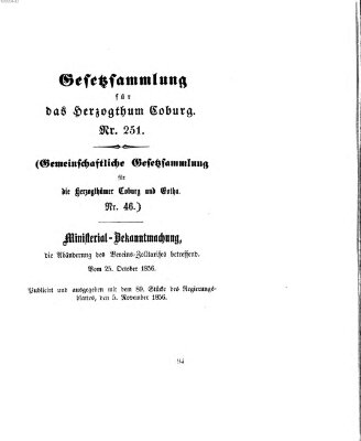 Gesetz-Sammlung für das Herzogtum Coburg (Coburger Regierungs-Blatt) Mittwoch 5. November 1856