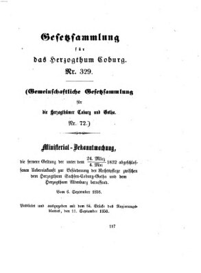 Gesetz-Sammlung für das Herzogtum Coburg (Coburger Regierungs-Blatt) Samstag 11. September 1858