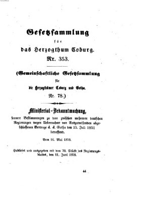 Gesetz-Sammlung für das Herzogtum Coburg (Coburger Regierungs-Blatt) Samstag 11. Juni 1859