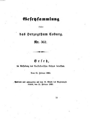 Gesetz-Sammlung für das Herzogtum Coburg (Coburger Regierungs-Blatt) Samstag 11. Februar 1860