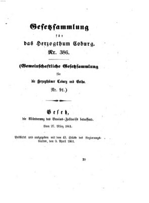 Gesetz-Sammlung für das Herzogtum Coburg (Coburger Regierungs-Blatt) Dienstag 9. April 1861