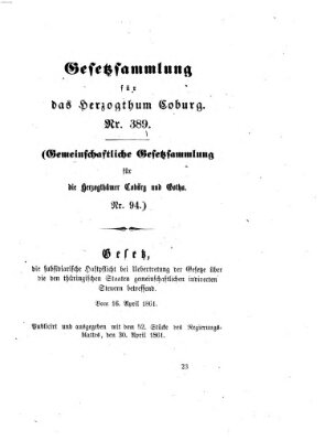 Gesetz-Sammlung für das Herzogtum Coburg (Coburger Regierungs-Blatt) Dienstag 30. April 1861