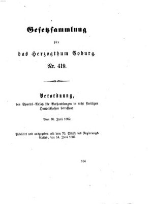 Gesetz-Sammlung für das Herzogtum Coburg (Coburger Regierungs-Blatt) Samstag 14. Juni 1862