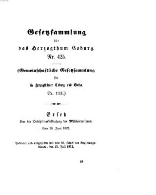 Gesetz-Sammlung für das Herzogtum Coburg (Coburger Regierungs-Blatt) Dienstag 15. Juli 1862