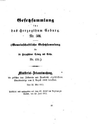 Gesetz-Sammlung für das Herzogtum Coburg (Coburger Regierungs-Blatt) Samstag 10. Juni 1865