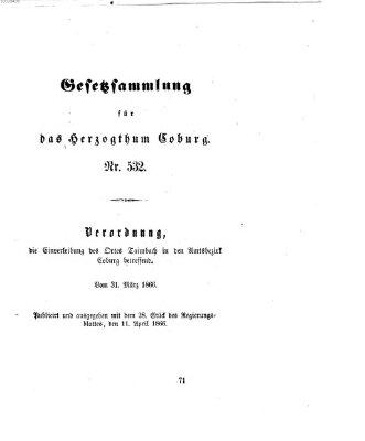 Gesetz-Sammlung für das Herzogtum Coburg (Coburger Regierungs-Blatt) Mittwoch 11. April 1866