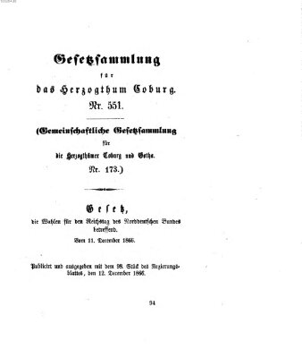 Gesetz-Sammlung für das Herzogtum Coburg (Coburger Regierungs-Blatt) Mittwoch 12. Dezember 1866