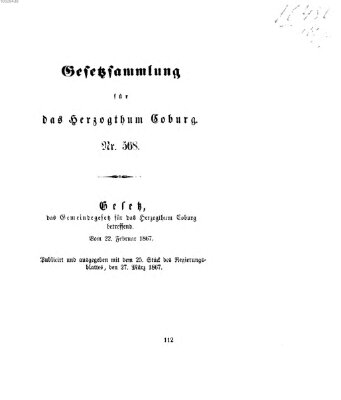 Gesetz-Sammlung für das Herzogtum Coburg (Coburger Regierungs-Blatt) Mittwoch 27. März 1867