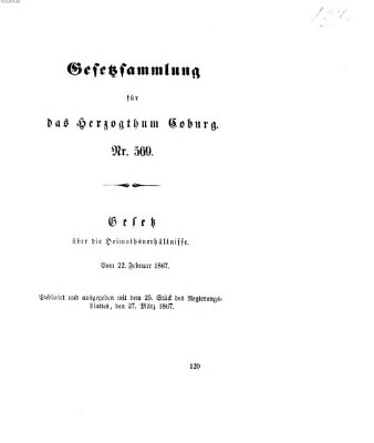 Gesetz-Sammlung für das Herzogtum Coburg (Coburger Regierungs-Blatt) Mittwoch 27. März 1867