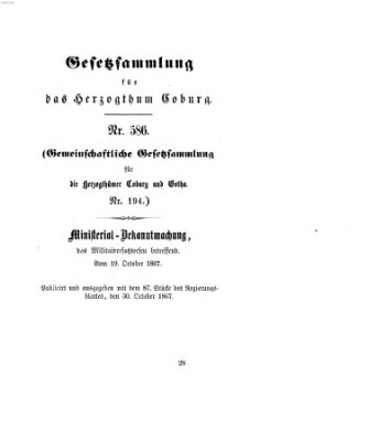 Gesetz-Sammlung für das Herzogtum Coburg (Coburger Regierungs-Blatt) Mittwoch 30. Oktober 1867