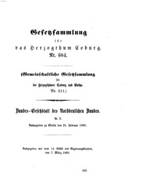 Gesetz-Sammlung für das Herzogtum Coburg (Coburger Regierungs-Blatt) Samstag 7. März 1868