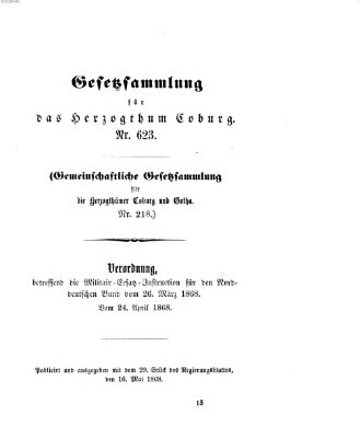 Gesetz-Sammlung für das Herzogtum Coburg (Coburger Regierungs-Blatt) Samstag 16. Mai 1868