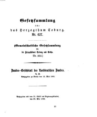 Gesetz-Sammlung für das Herzogtum Coburg (Coburger Regierungs-Blatt) Samstag 30. Mai 1868