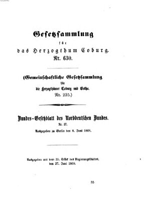 Gesetz-Sammlung für das Herzogtum Coburg (Coburger Regierungs-Blatt) Samstag 27. Juni 1868