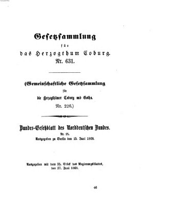 Gesetz-Sammlung für das Herzogtum Coburg (Coburger Regierungs-Blatt) Samstag 27. Juni 1868