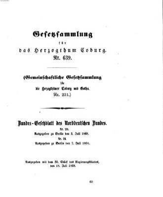 Gesetz-Sammlung für das Herzogtum Coburg (Coburger Regierungs-Blatt) Samstag 18. Juli 1868