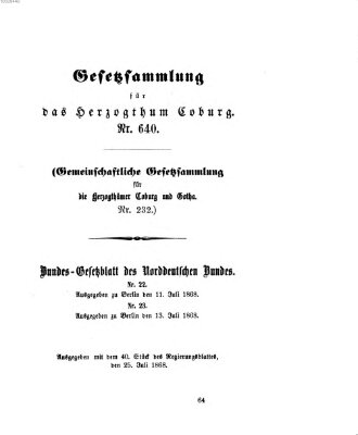 Gesetz-Sammlung für das Herzogtum Coburg (Coburger Regierungs-Blatt) Samstag 25. Juli 1868