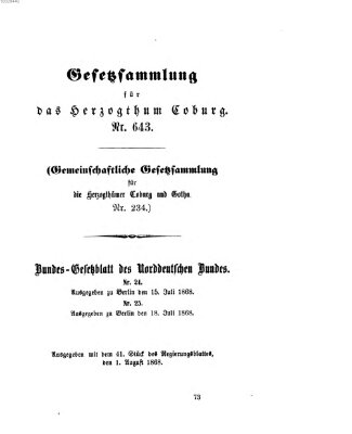 Gesetz-Sammlung für das Herzogtum Coburg (Coburger Regierungs-Blatt) Samstag 1. August 1868