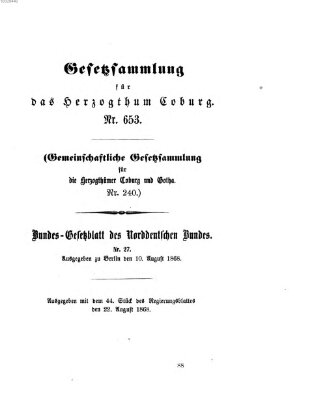 Gesetz-Sammlung für das Herzogtum Coburg (Coburger Regierungs-Blatt) Samstag 22. August 1868