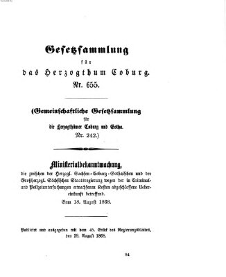 Gesetz-Sammlung für das Herzogtum Coburg (Coburger Regierungs-Blatt) Samstag 29. August 1868