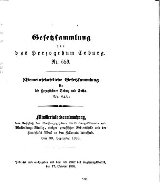 Gesetz-Sammlung für das Herzogtum Coburg (Coburger Regierungs-Blatt) Samstag 17. Oktober 1868