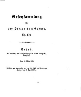 Gesetz-Sammlung für das Herzogtum Coburg (Coburger Regierungs-Blatt) Samstag 10. April 1869