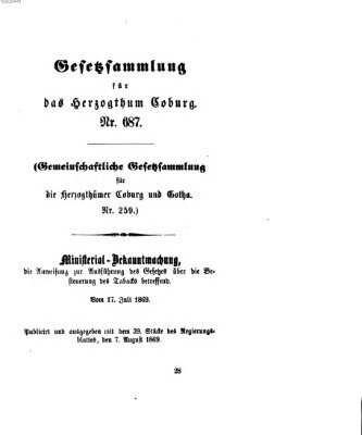 Gesetz-Sammlung für das Herzogtum Coburg (Coburger Regierungs-Blatt) Samstag 7. August 1869