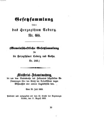 Gesetz-Sammlung für das Herzogtum Coburg (Coburger Regierungs-Blatt) Mittwoch 11. August 1869