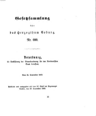 Gesetz-Sammlung für das Herzogtum Coburg (Coburger Regierungs-Blatt) Mittwoch 29. September 1869