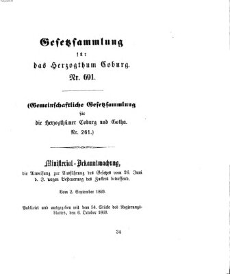 Gesetz-Sammlung für das Herzogtum Coburg (Coburger Regierungs-Blatt) Mittwoch 6. Oktober 1869