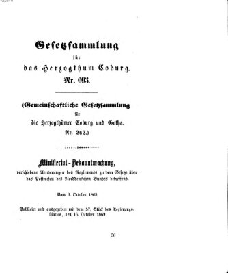 Gesetz-Sammlung für das Herzogtum Coburg (Coburger Regierungs-Blatt) Samstag 16. Oktober 1869