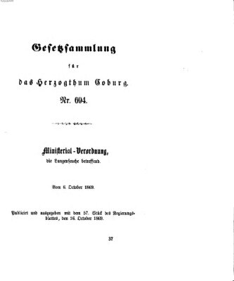 Gesetz-Sammlung für das Herzogtum Coburg (Coburger Regierungs-Blatt) Samstag 16. Oktober 1869