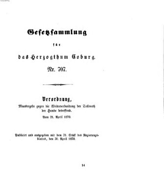 Gesetz-Sammlung für das Herzogtum Coburg (Coburger Regierungs-Blatt) Samstag 30. April 1870