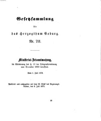 Gesetz-Sammlung für das Herzogtum Coburg (Coburger Regierungs-Blatt) Mittwoch 6. Juli 1870