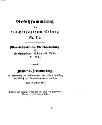 Gesetz-Sammlung für das Herzogtum Coburg (Coburger Regierungs-Blatt) Samstag 22. Oktober 1870