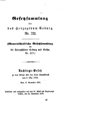 Gesetz-Sammlung für das Herzogtum Coburg (Coburger Regierungs-Blatt) Mittwoch 23. November 1870