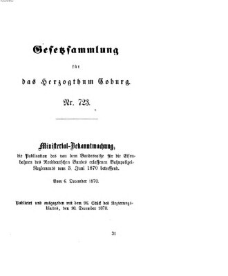 Gesetz-Sammlung für das Herzogtum Coburg (Coburger Regierungs-Blatt) Samstag 10. Dezember 1870