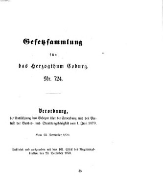 Gesetz-Sammlung für das Herzogtum Coburg (Coburger Regierungs-Blatt) Mittwoch 28. Dezember 1870