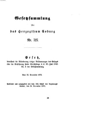 Gesetz-Sammlung für das Herzogtum Coburg (Coburger Regierungs-Blatt) Samstag 31. Dezember 1870