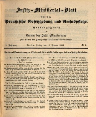 Justiz-Ministerialblatt für die preußische Gesetzgebung und Rechtspflege Freitag 15. Februar 1839