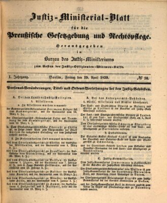 Justiz-Ministerialblatt für die preußische Gesetzgebung und Rechtspflege Freitag 19. April 1839