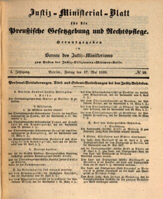 Justiz-Ministerialblatt für die preußische Gesetzgebung und Rechtspflege Freitag 17. Mai 1839