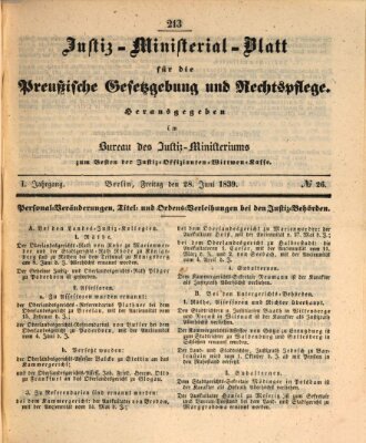 Justiz-Ministerialblatt für die preußische Gesetzgebung und Rechtspflege Freitag 28. Juni 1839