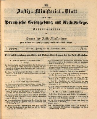 Justiz-Ministerialblatt für die preußische Gesetzgebung und Rechtspflege Freitag 22. November 1839