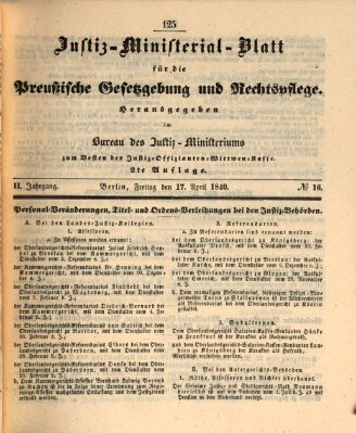 Justiz-Ministerialblatt für die preußische Gesetzgebung und Rechtspflege Freitag 17. April 1840