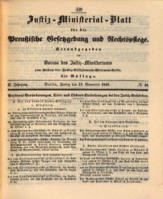 Justiz-Ministerialblatt für die preußische Gesetzgebung und Rechtspflege Freitag 13. November 1840