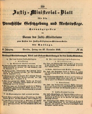 Justiz-Ministerialblatt für die preußische Gesetzgebung und Rechtspflege Freitag 27. November 1840