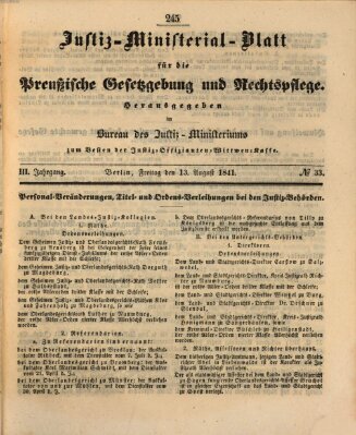 Justiz-Ministerialblatt für die preußische Gesetzgebung und Rechtspflege Freitag 13. August 1841