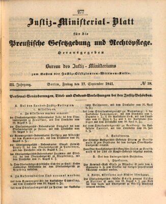 Justiz-Ministerialblatt für die preußische Gesetzgebung und Rechtspflege Freitag 17. September 1841